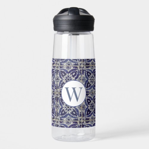 Italian Azulejo Blue White Geometric Monogrammed  Water Bottle