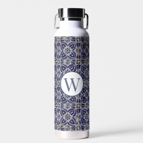 Italian Azulejo Blue White Geometric Monogrammed Water Bottle