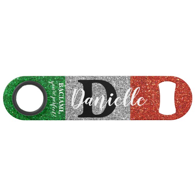 Italian Bartender Glitter Black White Monogrammed Bar Key (Back Horizontal)