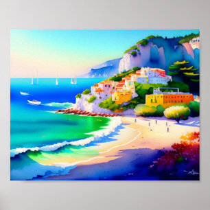 Italian Beach Village Watercolor Poster