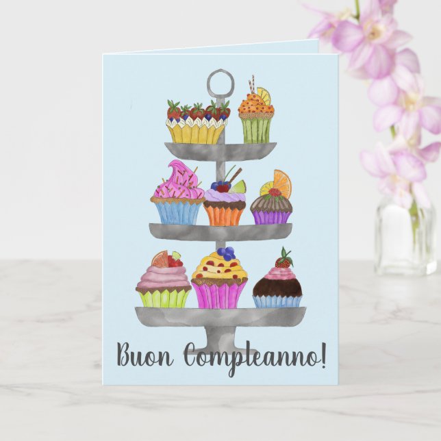 Italian Birthday Watercolor cupcakes  Card (Orchid)