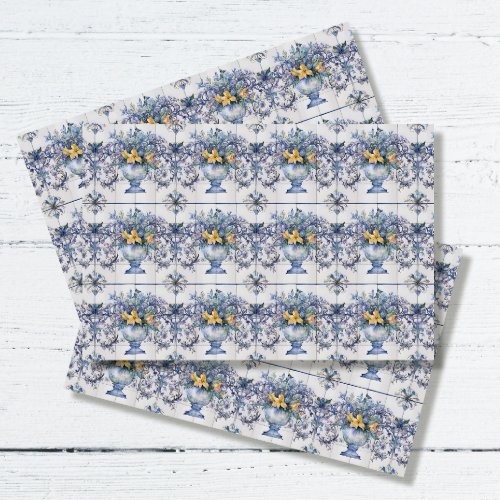 Italian Blue and White Floral Vase Tile Decoupage Tissue Paper