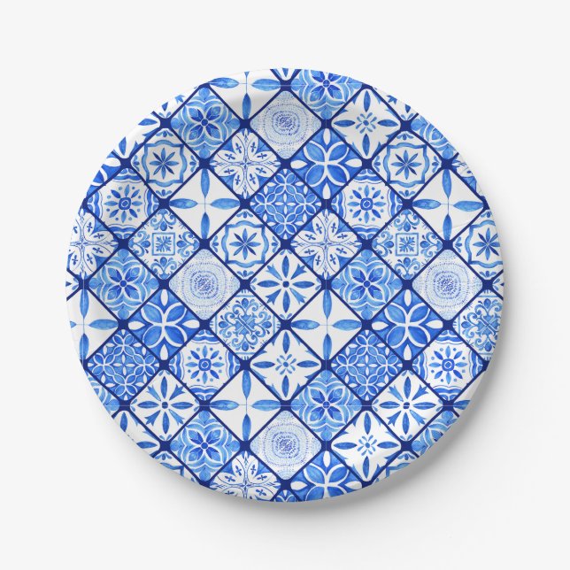 Italian Blue And White Tiles Birthday Party Paper Plates (Front)