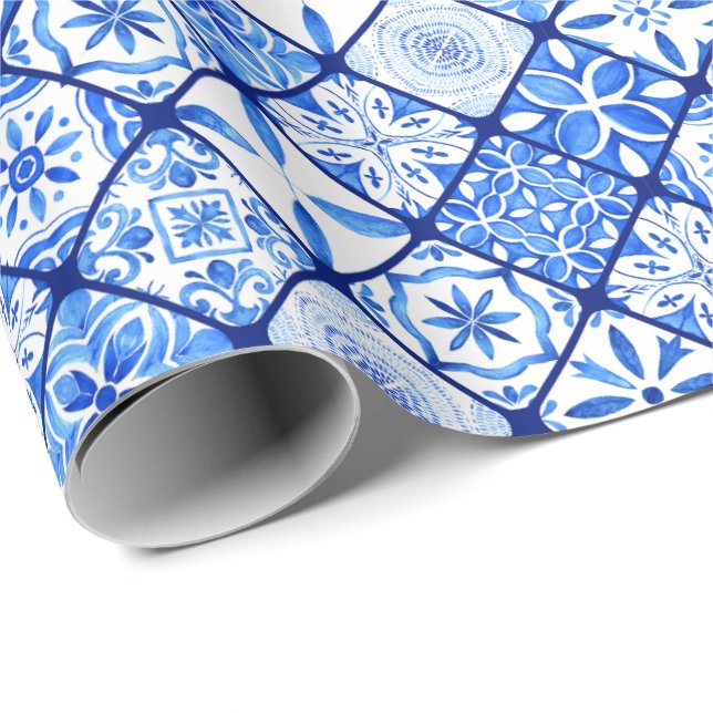 Italian Blue And White Tiles Pattern Wrapping Paper (Roll Corner)