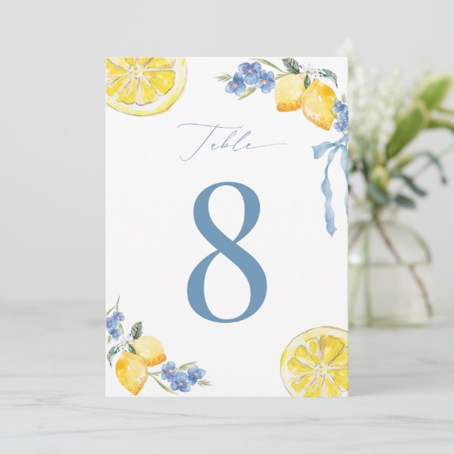 Italian Blue Bow Lemon Wedding 5x7 Table Number (Standing Front)