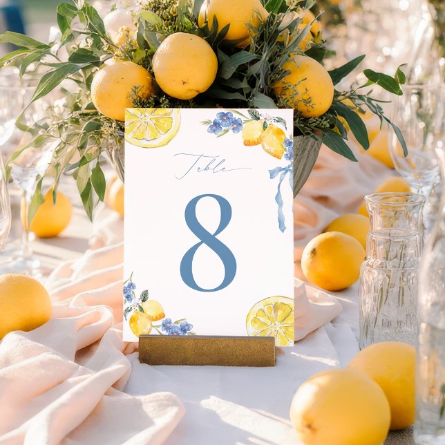 Italian Blue Bow Lemon Wedding 5x7 Table Number (Creator Uploaded)