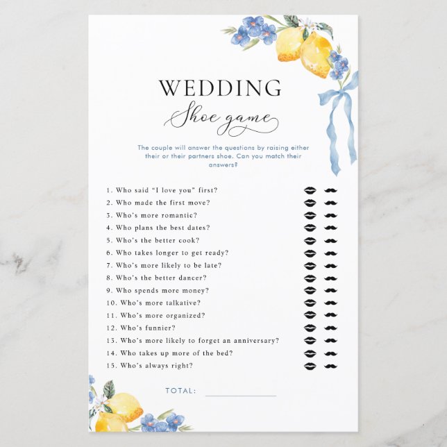 Italian Blue Bow & Lemons Bridal Wedding Shoe Game (Front)