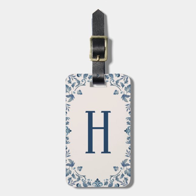 Italian Blue Painted Florals Luggage Tag (Front Vertical)