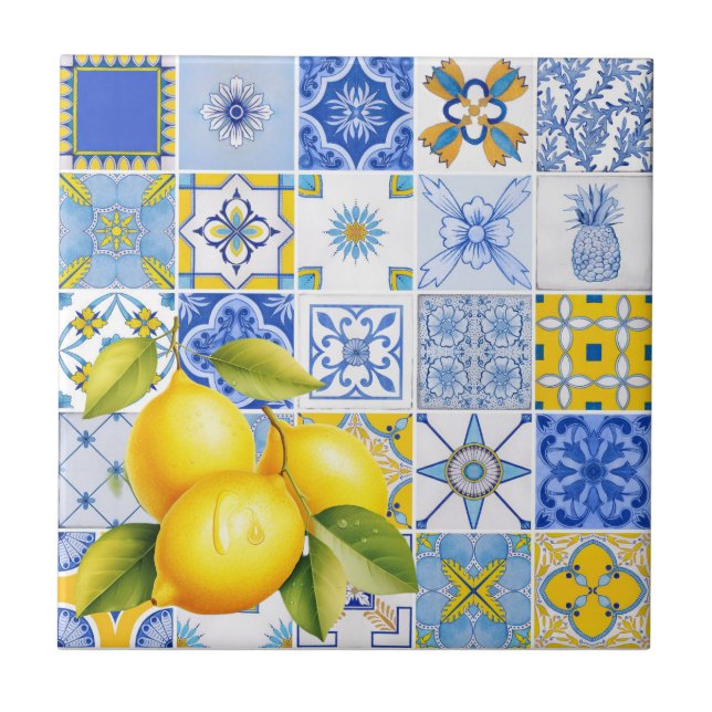 Italian Blue Pattern Lemon Summer Bridesmaid Gift Ceramic Tile (Front)