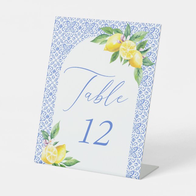 Italian Blue Positano Lemon Table Number Pedestal Sign (Front)
