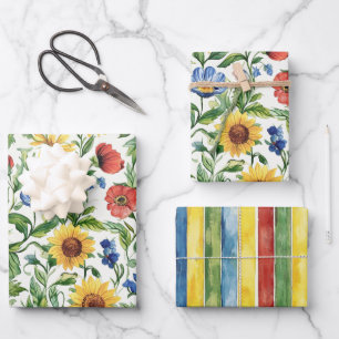 Italian Blue Red Yellow Floral Stripes Birthday Wrapping Paper Sheets