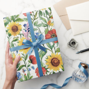 Italian Blue Red Yellow Sunflowers Floral Birthday Wrapping Paper