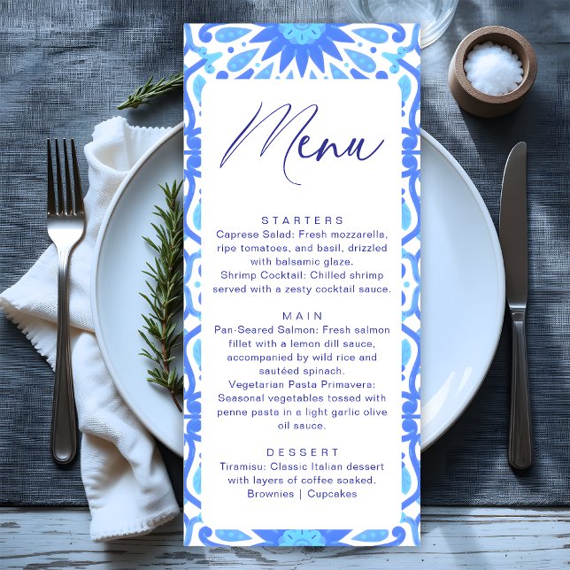 Italian Blue Tile Baby Shower Minimalist Menu (Creator Uploaded)