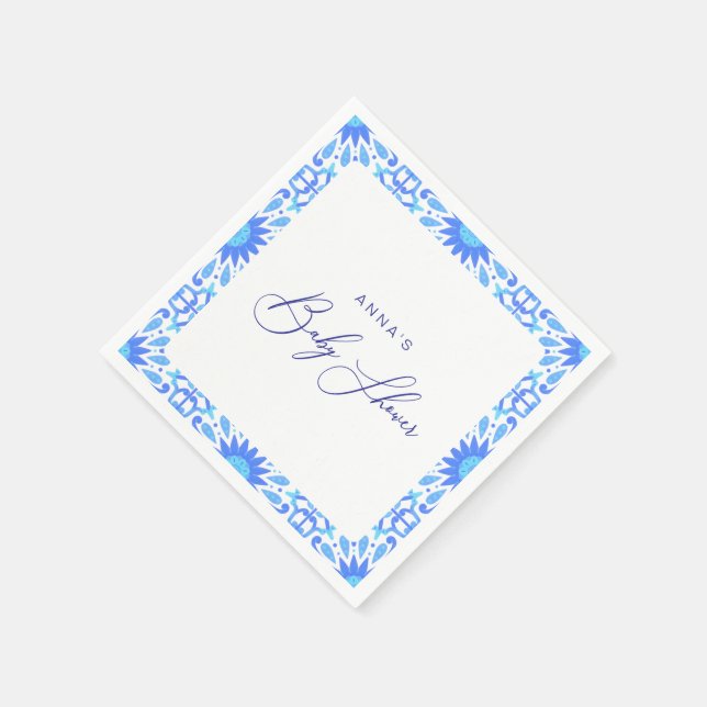 Italian Blue Tile Baby Shower Minimalist Napkins (Corner)