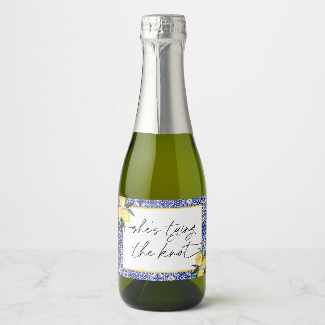Italian Blue Tile Bridal Shower Champagne Sparkling Wine Label (Front)