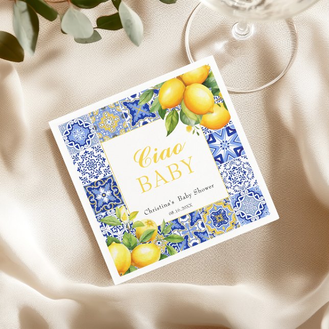 Italian Blue Tile Citrus Lemon Baby Shower Napkins (Creator Uploaded)