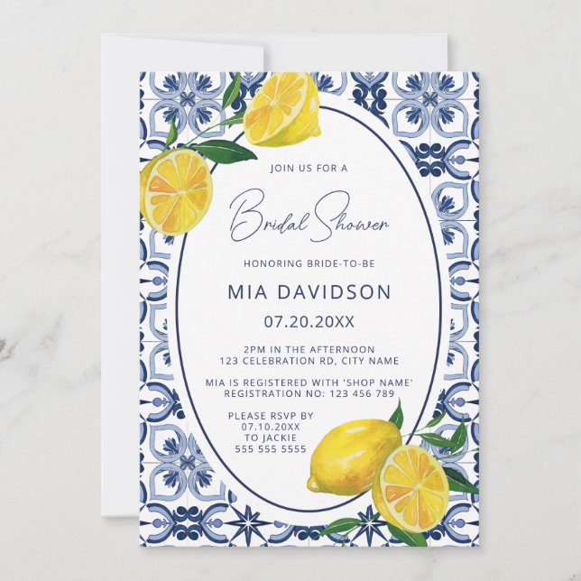 Italian Blue Tile Citrus Lemon Bridal Shower Invitation (Front)