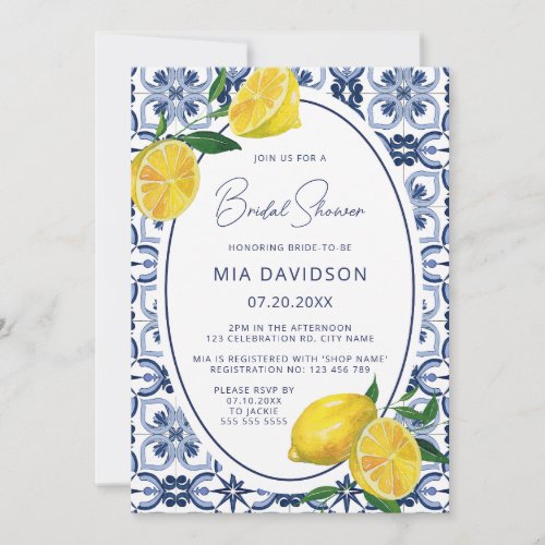 Italian Blue Tile Citrus Lemon Bridal Shower Invitation