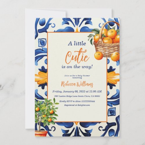 Italian Blue Tile Cutie Orange Citrus Baby Shower Invitation