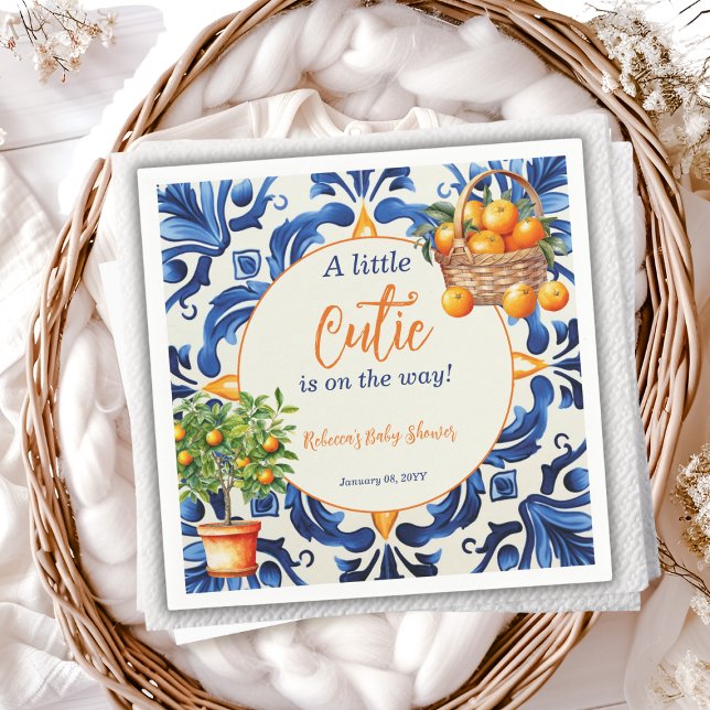 Italian Blue Tile Cutie Orange Citrus Baby Shower Napkins (Creator Uploaded)