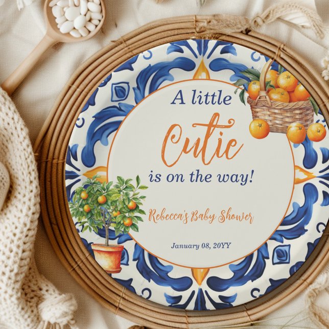 Italian Blue Tile Cutie Orange Citrus Baby Shower Paper Plates (Creator Uploaded)