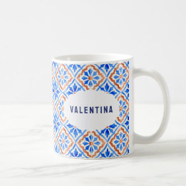 Italian Blue Tile Elegant Patterned Custom Name Coffee Mug