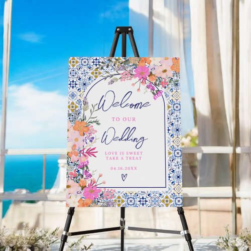 Italian blue tile floral chic wedding welcome foam board