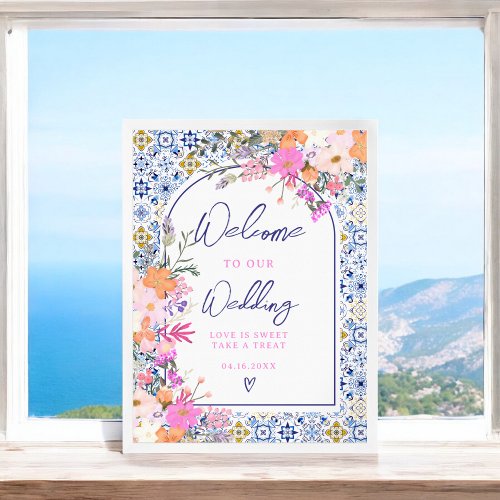 Italian blue tile floral chic wedding welcome poster