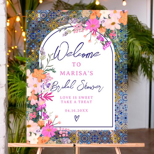 Italian blue tile floral watercolor bridal welcome acrylic sign