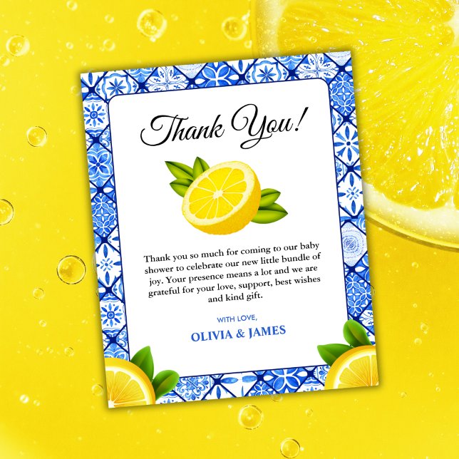 Italian Blue Tile Lemon Baby Shower Thank You Card (Budget Italian Blue Tile Lemon Baby Shower Thank You Card )