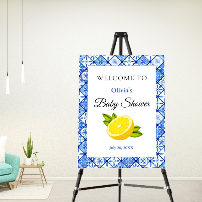 Italian Blue Tile Lemon Baby Shower Welcome  Foam Board (Italian Blue Tile Lemon Baby Shower Welcome Sign )