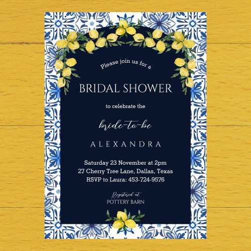 Italian Blue Tile Lemon Bridal Shower Invitation