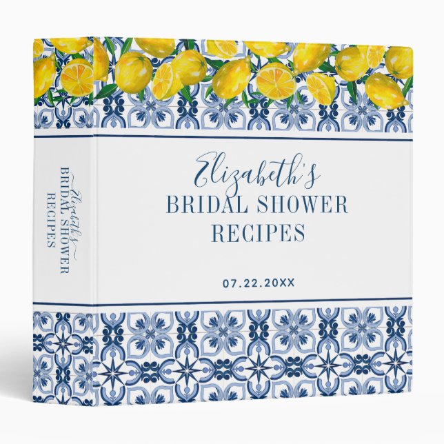 Italian Blue Tile Lemon Bridal Shower Recipe 3 Ring Binder (Front/Spine)