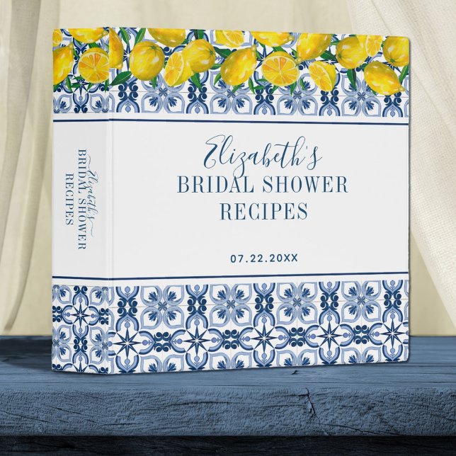 Italian Blue Tile Lemon Bridal Shower Recipe 3 Ring Binder (An elegant lemon bridal shower recipe binder featuring mediterranean blue tile and lemons. )