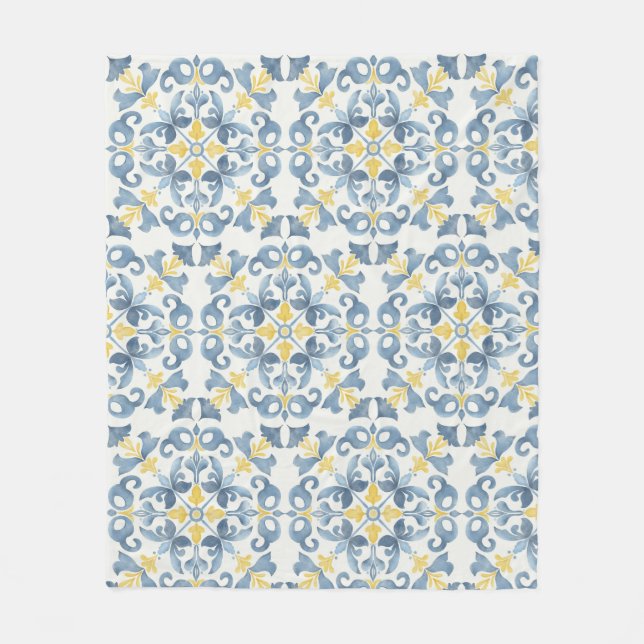 Italian Blue Tile Lemon Fleece Blanket (Front)