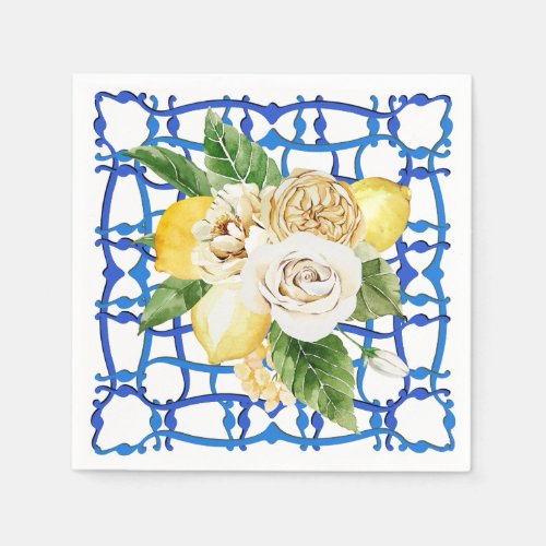 Italian blue tile lemon roses party villa napkins