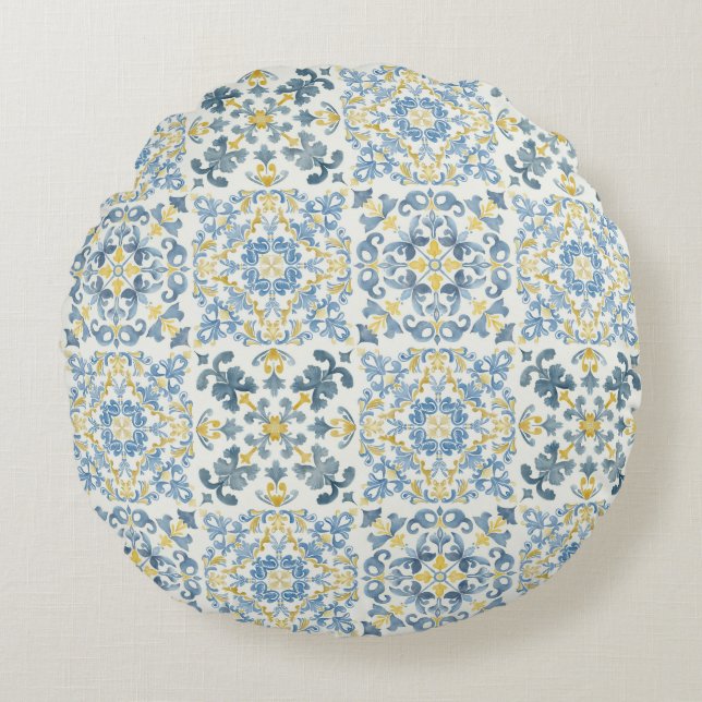 Italian Blue Tile Lemon Round Pillow (Front)