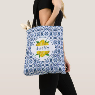 Italian Blue Tile Lemon Wedding Favor Tote Bag