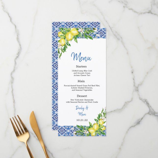 Italian Blue tile Lemon Wedding Reception menu (Front/Back In Situ)