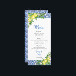 Italian Blue tile Lemon Wedding Reception menu<br><div class="desc">Our Blue Tile Amalfi Coast wedding dinner menu card is perfect for an elegant wedding. The modern rustic yet elegant design features romantic watercolor flowers and lemons in soft tones of yellow , green, and cream white with blue tile accents. This menu can be used for a wedding reception, rehearsal...</div>