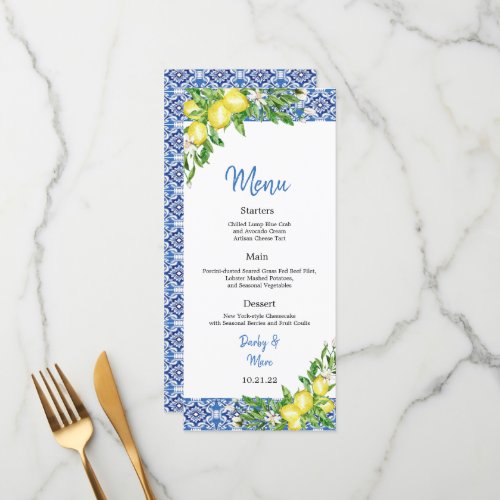 Italian Blue tile Lemon Wedding Reception menu
