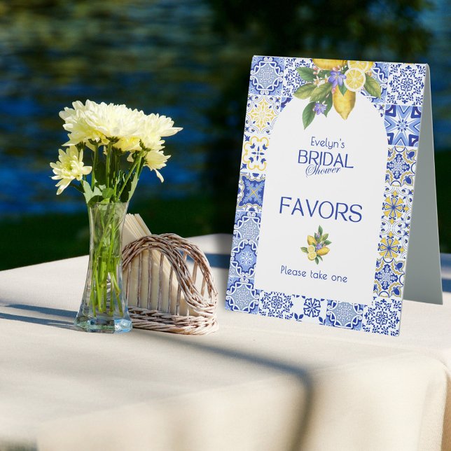 Italian Blue Tile & Lemons Bridal Shower Favors Table Tent (Creator Uploaded)