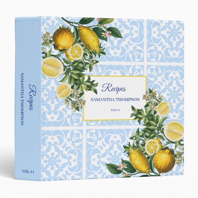 Italian Blue Tile & Lemons Bridal Shower Recipe  3 Ring Binder (Front/Spine)