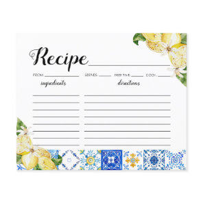 Italian Blue Tile Lemons Bridal Shower Recipe Card