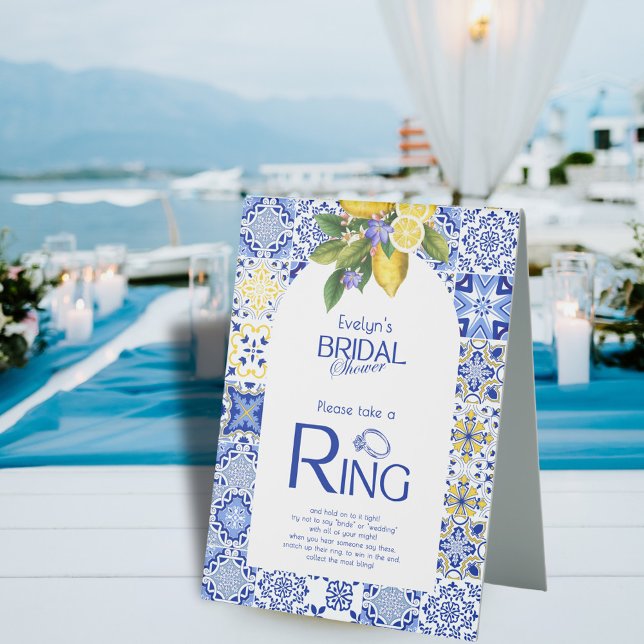 Italian Blue Tile & Lemons Bridal Shower Ring Game Table Tent (Creator Uploaded)