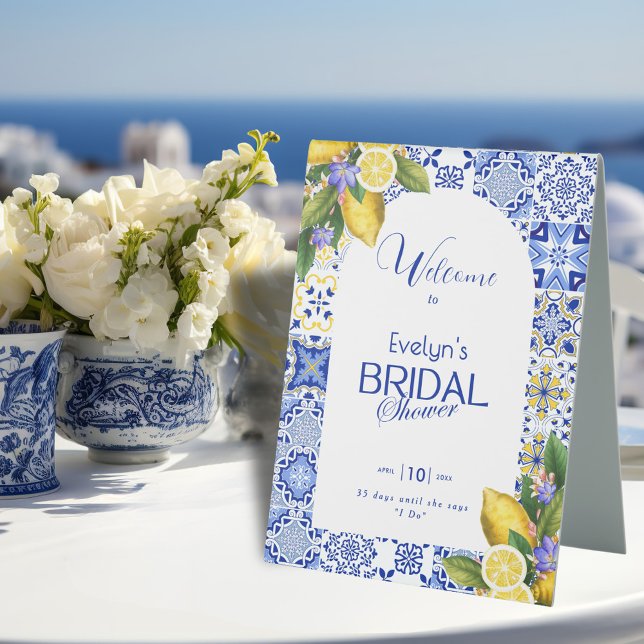 Italian Blue Tile & Lemons Bridal Shower Welcome Table Tent (Creator Uploaded)