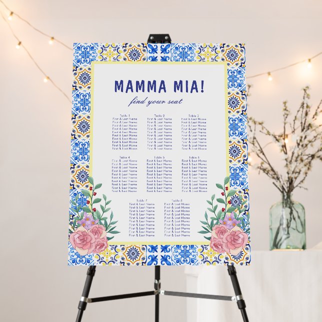 Italian Blue Tile Mamma Baby Shower Seating Chart Foam Board (In Situ (Stand))
