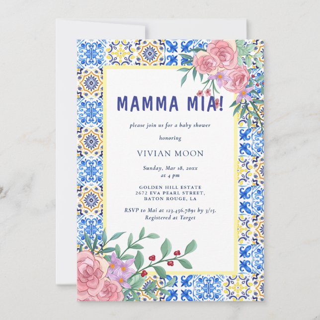 Italian Blue Tile Mamma Mia Baby Shower Invitation (Front)