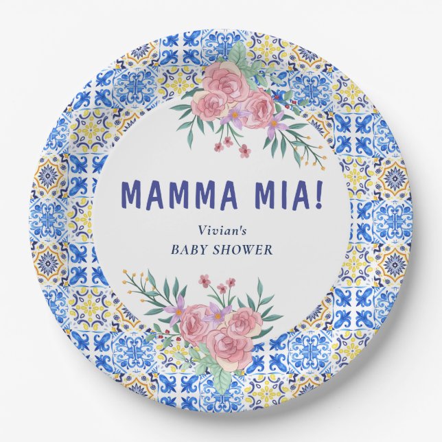 Italian Blue Tile Mamma Mia Paper Plates (Front)
