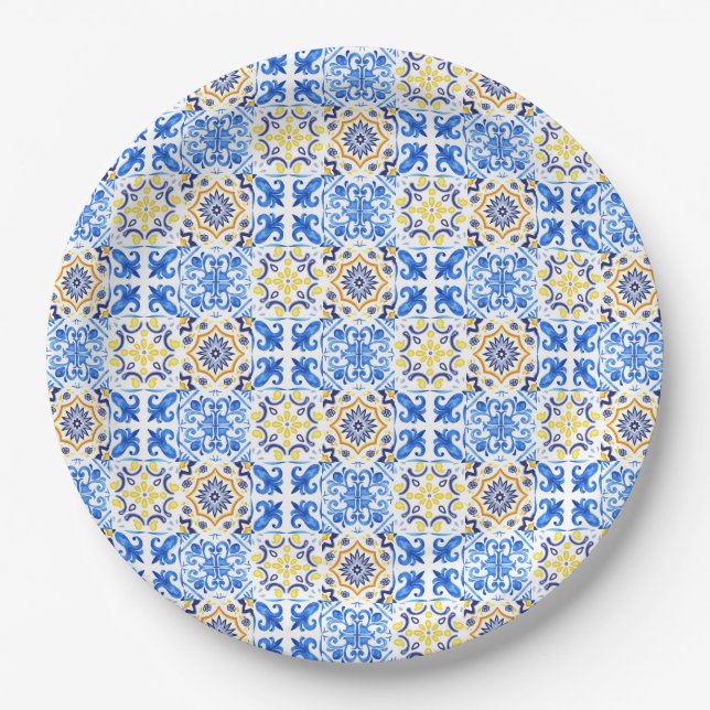 Italian Blue Tile Mamma Mia Paper Plates (Front)